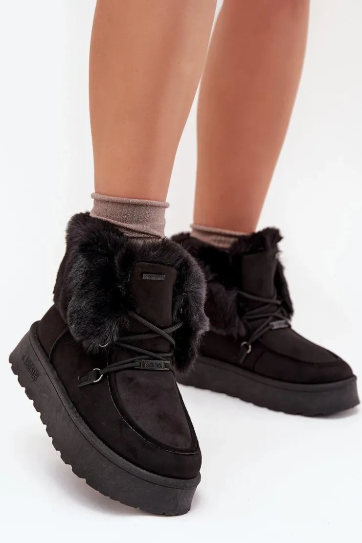 Big Star Shoes Śniegowce Damskie*Śniegowce Damskie Na Platformie Z Futerkiem I Wiązaniem Big Star SS274113 Czarne Czarny