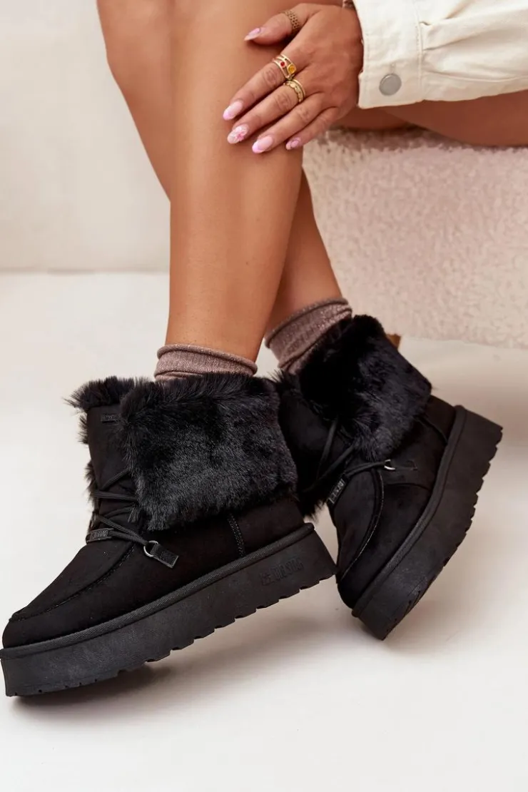 Big Star Shoes Śniegowce Damskie*Śniegowce Damskie Na Platformie Z Futerkiem I Wiązaniem Big Star SS274113 Czarne Czarny