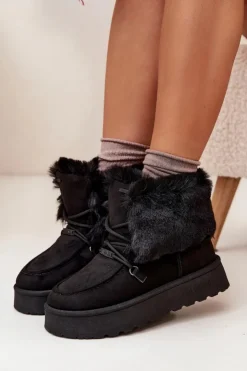 Big Star Shoes Śniegowce Damskie*Śniegowce Damskie Na Platformie Z Futerkiem I Wiązaniem Big Star SS274113 Czarne Czarny