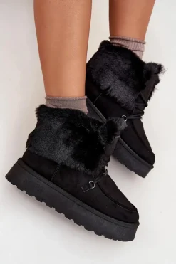 Big Star Shoes Śniegowce Damskie*Śniegowce Damskie Na Platformie Z Futerkiem I Wiązaniem Big Star SS274113 Czarne Czarny