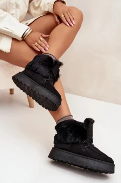 Big Star Shoes Śniegowce Damskie*Śniegowce Damskie Na Platformie Z Futerkiem I Wiązaniem Big Star SS274113 Czarne Czarny