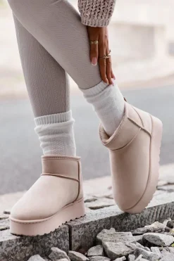 Boto Śniegowce Damskie*Śniegowce Damskie Na Platformie Ocieplane Futerkiem Jasnobeżowe Xamella Beżowy