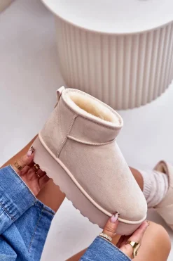 Boto Śniegowce Damskie*Śniegowce Damskie Na Platformie Ocieplane Futerkiem Jasnobeżowe Xamella Beżowy