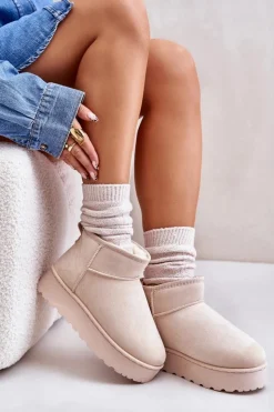 Boto Śniegowce Damskie*Śniegowce Damskie Na Platformie Ocieplane Futerkiem Jasnobeżowe Xamella Beżowy