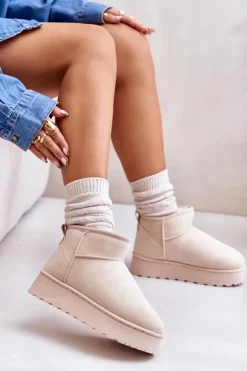 Boto Śniegowce Damskie*Śniegowce Damskie Na Platformie Ocieplane Futerkiem Jasnobeżowe Xamella Beżowy