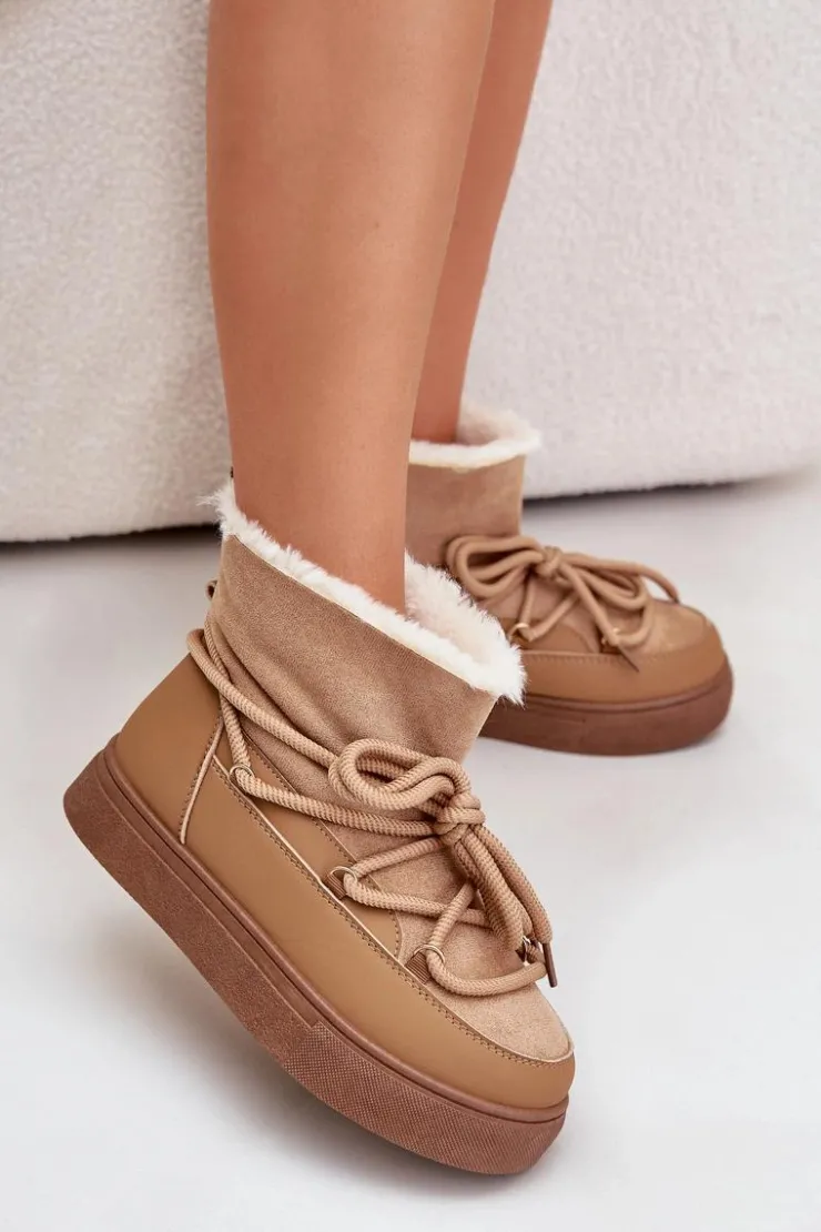 Damskie Boto Śniegowce Damskie Na Platformie Ocieplane Futerkiem Camel Aziara
