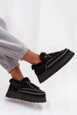 Damskie Boto Śniegowce Damskie Na Platformie Z Futerkiem I Frędzlami Czarne Ferayne