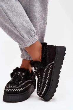 Damskie Boto Śniegowce Damskie Na Platformie Z Futerkiem I Frędzlami Czarne Ferayne