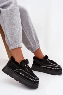 Damskie Boto Śniegowce Damskie Na Platformie Z Futerkiem I Frędzlami Czarne Ferayne