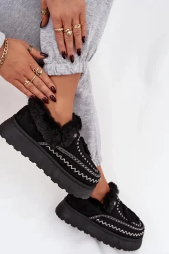 Damskie Boto Śniegowce Damskie Na Platformie Z Futerkiem I Frędzlami Czarne Ferayne