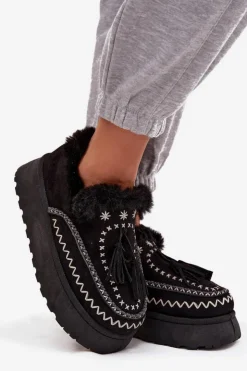 Damskie Boto Śniegowce Damskie Na Platformie Z Futerkiem I Frędzlami Czarne Ferayne