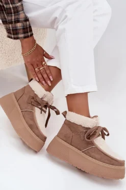 Boto Śniegowce Damskie*Śniegowce Damskie Na Platformie Z Futerkiem Beżowe Florivelle Beżowy