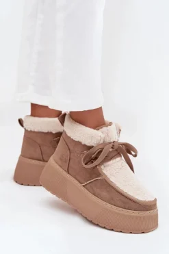 Boto Śniegowce Damskie*Śniegowce Damskie Na Platformie Z Futerkiem Beżowe Florivelle Beżowy