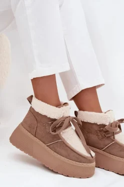 Boto Śniegowce Damskie*Śniegowce Damskie Na Platformie Z Futerkiem Beżowe Florivelle Beżowy