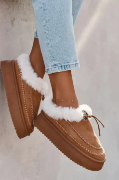 Boto Śniegowce Damskie|Kapcie Klasyczne*Śniegowce Damskie Na Platformie Z Futerkiem I Przeszyciami Camel Kellina Brązowy