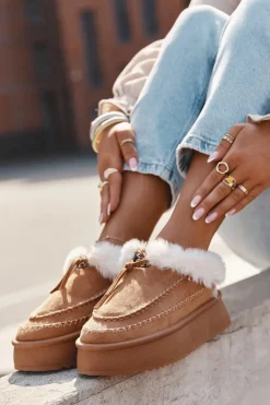 Boto Śniegowce Damskie|Kapcie Klasyczne*Śniegowce Damskie Na Platformie Z Futerkiem I Przeszyciami Camel Kellina Brązowy