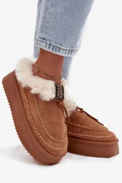 Boto Śniegowce Damskie|Kapcie Klasyczne*Śniegowce Damskie Na Platformie Z Futerkiem I Przeszyciami Camel Kellina Brązowy