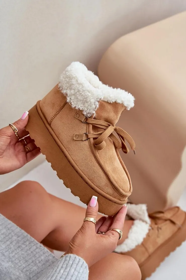 Discount Boto Śniegowce Damskie Na Platformie Z Futerkiem Typu Branek Camel Ciabellae Brązowy