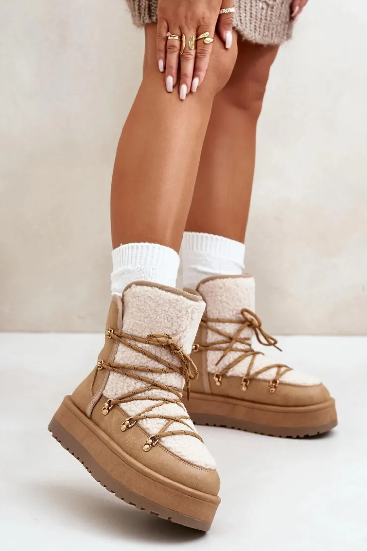 Damskie Boto Śniegowce Damskie Na Platformie Z Wiązaniem Jasnobrązowe Riaviana