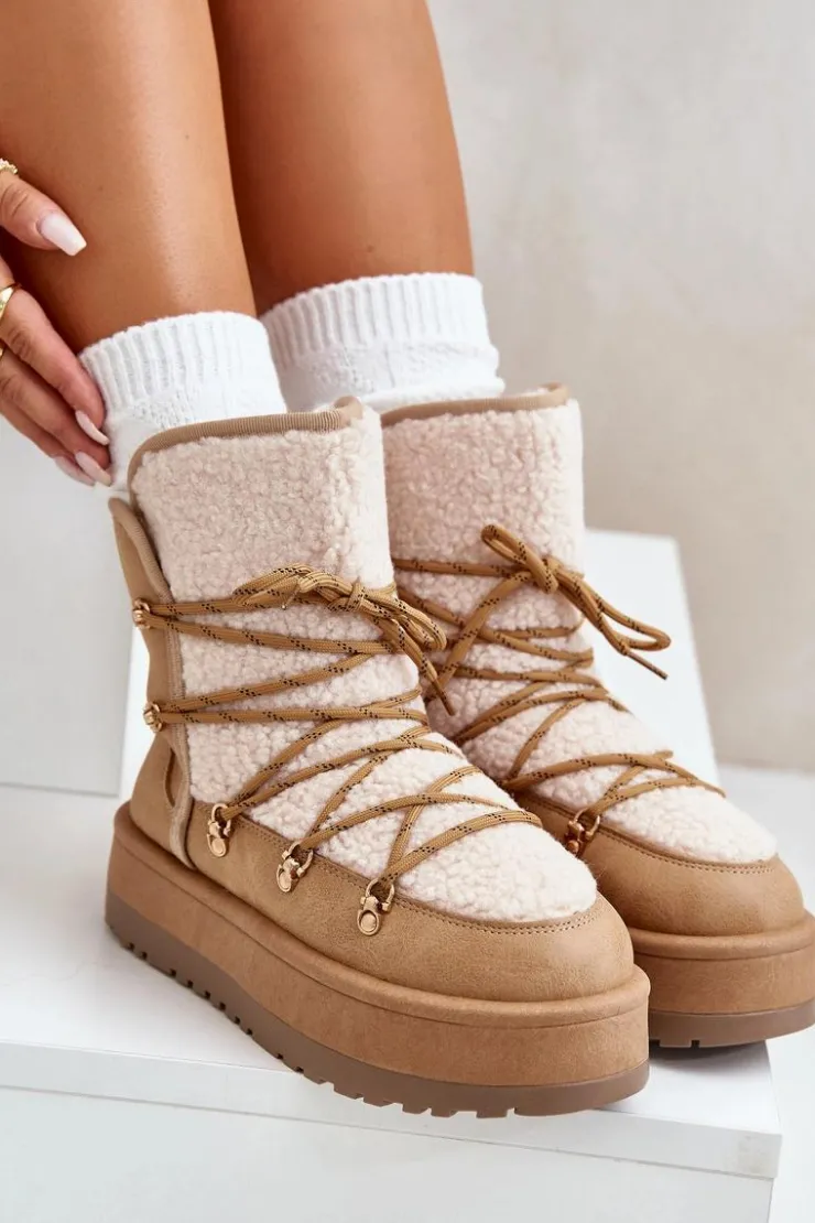 Damskie Boto Śniegowce Damskie Na Platformie Z Wiązaniem Jasnobrązowe Riaviana