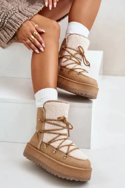 Damskie Boto Śniegowce Damskie Na Platformie Z Wiązaniem Jasnobrązowe Riaviana