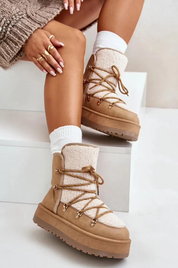 Damskie Boto Śniegowce Damskie Na Platformie Z Wiązaniem Jasnobrązowe Riaviana