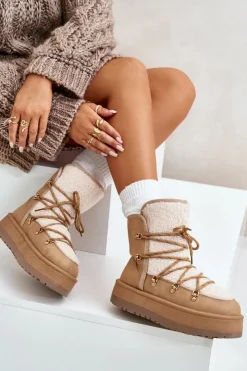 Damskie Boto Śniegowce Damskie Na Platformie Z Wiązaniem Jasnobrązowe Riaviana