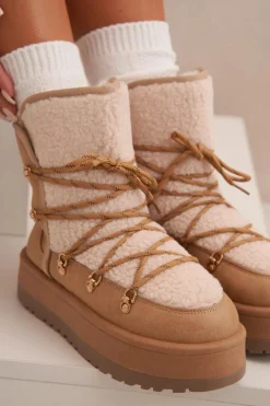 Damskie Boto Śniegowce Damskie Na Platformie Z Wiązaniem Jasnobrązowe Riaviana