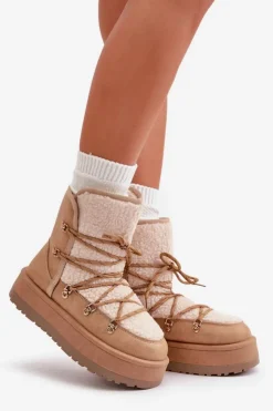 Damskie Boto Śniegowce Damskie Na Platformie Z Wiązaniem Jasnobrązowe Riaviana