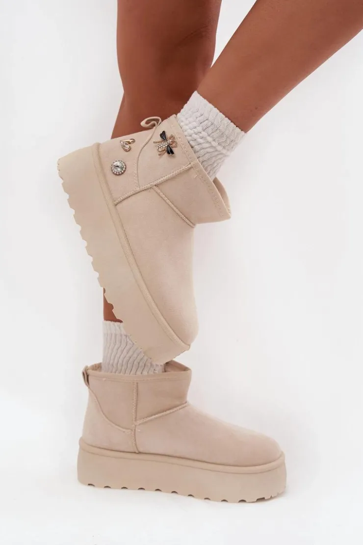 Damskie Boto Śniegowce Damskie Na Platformie Z Przypinkami Jasnobeżowe Maelle