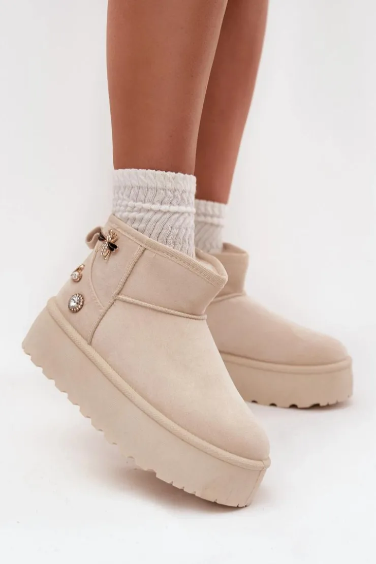 Damskie Boto Śniegowce Damskie Na Platformie Z Przypinkami Jasnobeżowe Maelle