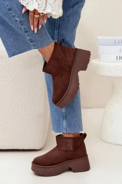 Online Boto Śniegowce Damskie Niskie Wsuwane Ocieplane Futerkiem Brązowe Mavelle Brązowy