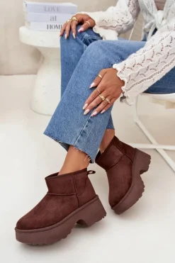 Online Boto Śniegowce Damskie Niskie Wsuwane Ocieplane Futerkiem Brązowe Mavelle Brązowy