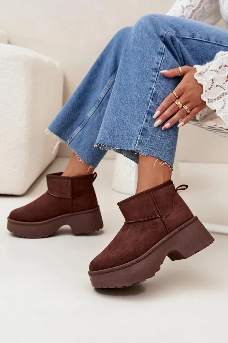 Online Boto Śniegowce Damskie Niskie Wsuwane Ocieplane Futerkiem Brązowe Mavelle Brązowy