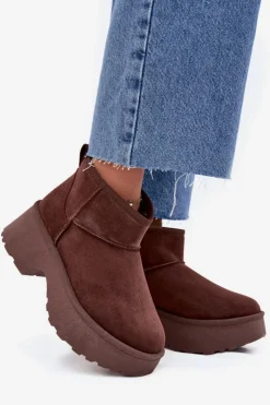 Online Boto Śniegowce Damskie Niskie Wsuwane Ocieplane Futerkiem Brązowe Mavelle Brązowy