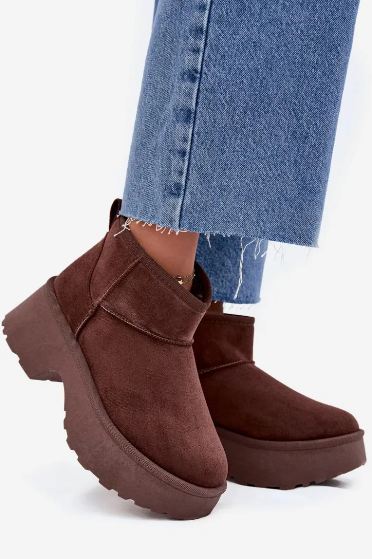 Online Boto Śniegowce Damskie Niskie Wsuwane Ocieplane Futerkiem Brązowe Mavelle Brązowy