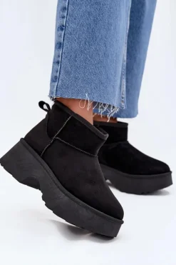 Damskie Boto Śniegowce Damskie Niskie Wsuwane Ocieplane Futerkiem Czarne Mavelle