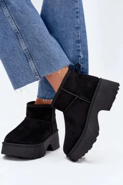 Damskie Boto Śniegowce Damskie Niskie Wsuwane Ocieplane Futerkiem Czarne Mavelle