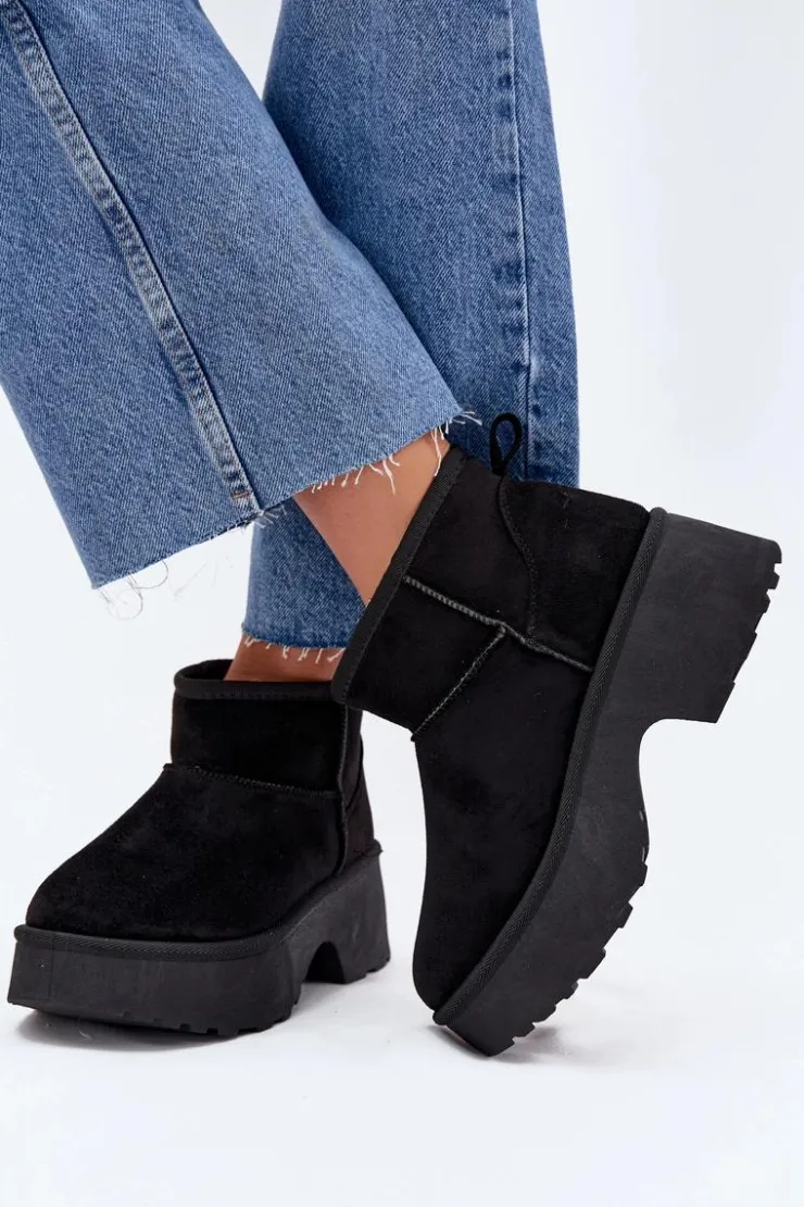 Damskie Boto Śniegowce Damskie Niskie Wsuwane Ocieplane Futerkiem Czarne Mavelle