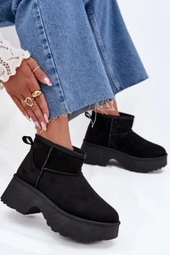 Damskie Boto Śniegowce Damskie Niskie Wsuwane Ocieplane Futerkiem Czarne Mavelle