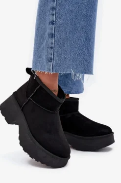 Damskie Boto Śniegowce Damskie Niskie Wsuwane Ocieplane Futerkiem Czarne Mavelle