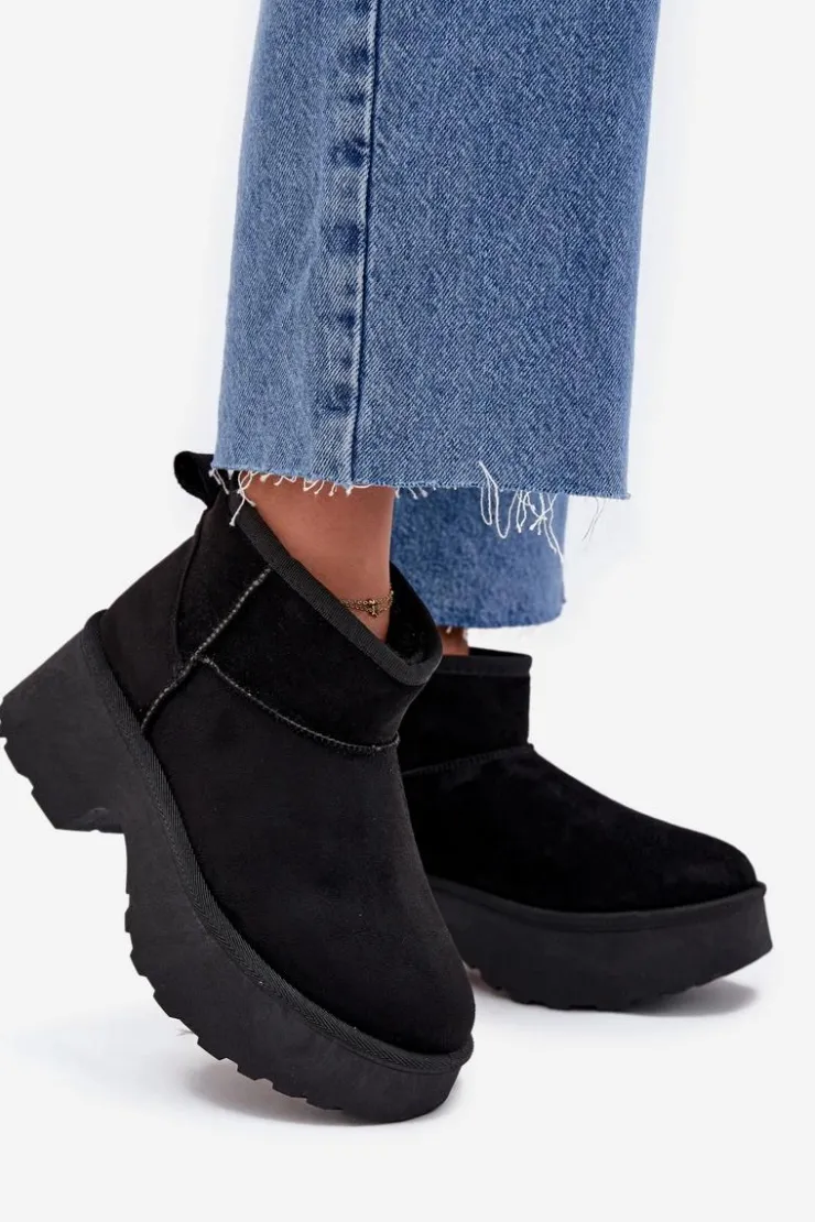 Damskie Boto Śniegowce Damskie Niskie Wsuwane Ocieplane Futerkiem Czarne Mavelle