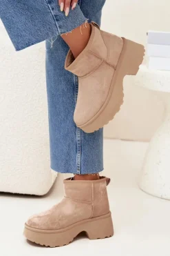 Damskie Boto Śniegowce Damskie Niskie Wsuwane Ocieplane Futerkiem Khaki Mavelle