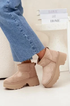 Damskie Boto Śniegowce Damskie Niskie Wsuwane Ocieplane Futerkiem Khaki Mavelle