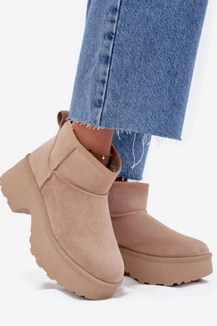 Damskie Boto Śniegowce Damskie Niskie Wsuwane Ocieplane Futerkiem Khaki Mavelle