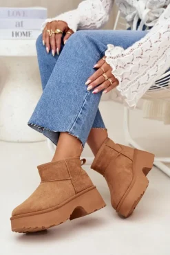 Boto Śniegowce Damskie*Śniegowce Damskie Niskie Wsuwane Ocieplane Futerkiem Camel Mavelle Brązowy