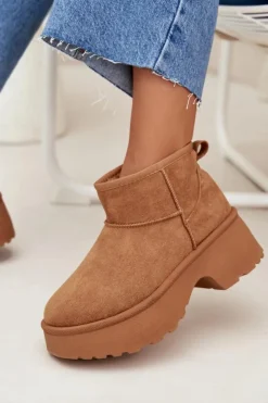 Boto Śniegowce Damskie*Śniegowce Damskie Niskie Wsuwane Ocieplane Futerkiem Camel Mavelle Brązowy