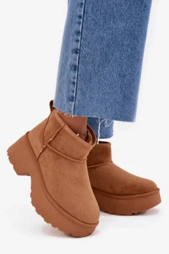 Boto Śniegowce Damskie*Śniegowce Damskie Niskie Wsuwane Ocieplane Futerkiem Camel Mavelle Brązowy