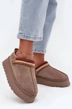 New Boto Śniegowce Damskie Niskie Z Ruchomym Paskiem I Haftem Na Platformie Ciemnobeżowe Lyrisse Beżowy