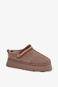 New Boto Śniegowce Damskie Niskie Z Ruchomym Paskiem I Haftem Na Platformie Ciemnobeżowe Lyrisse Beżowy